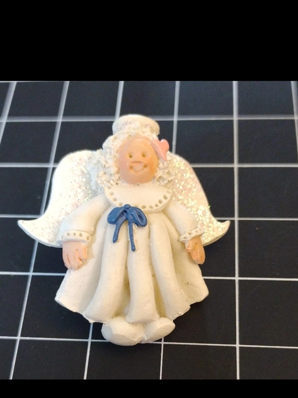 Vintage 1995 Angel Brooch Handmade Clay White Glitter Wings Pin Signed  95JS